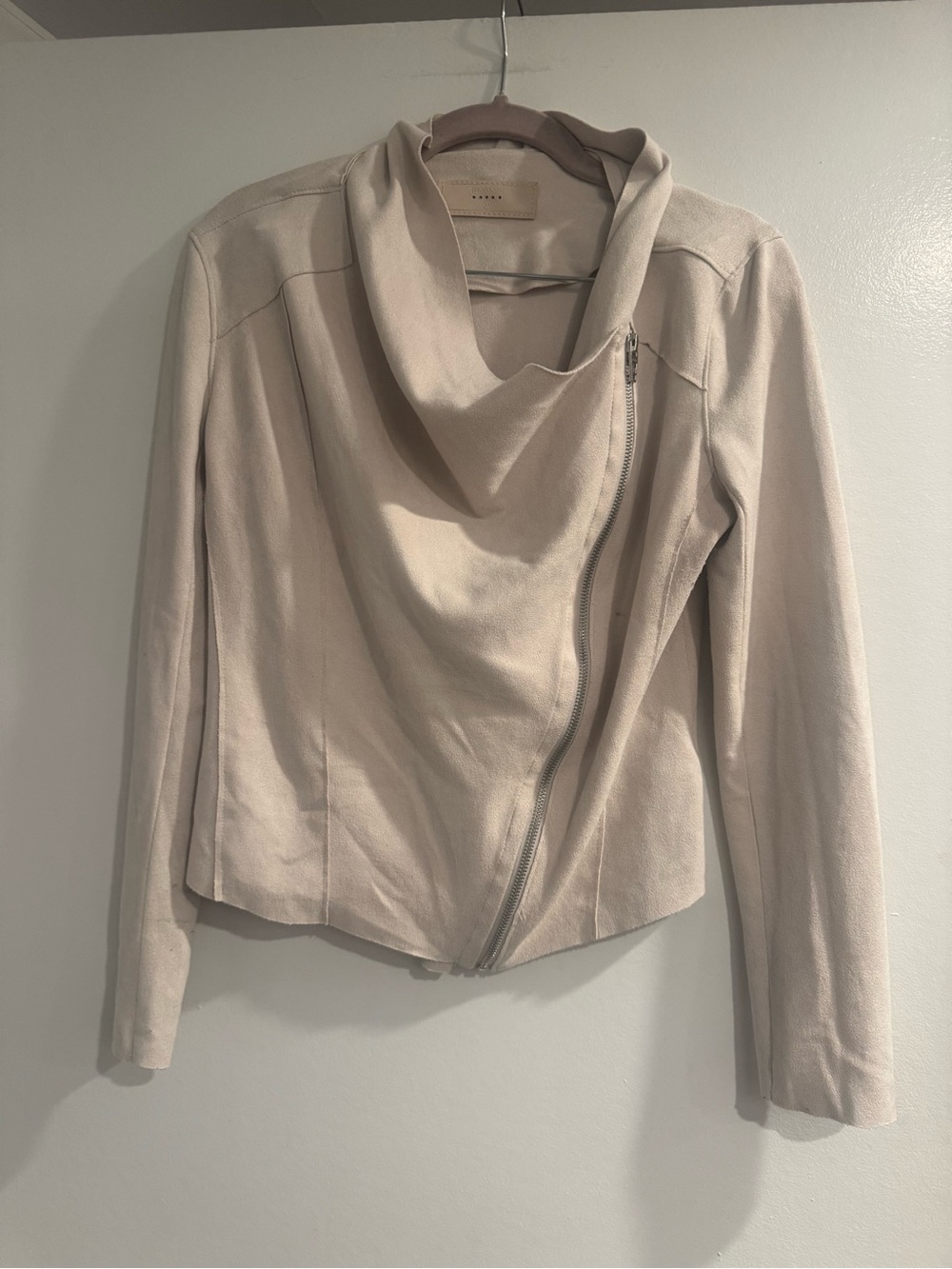 BLANK NYC Cream Faux Suede Asymmetrical Zip Draped Collar Moto Jacket XS